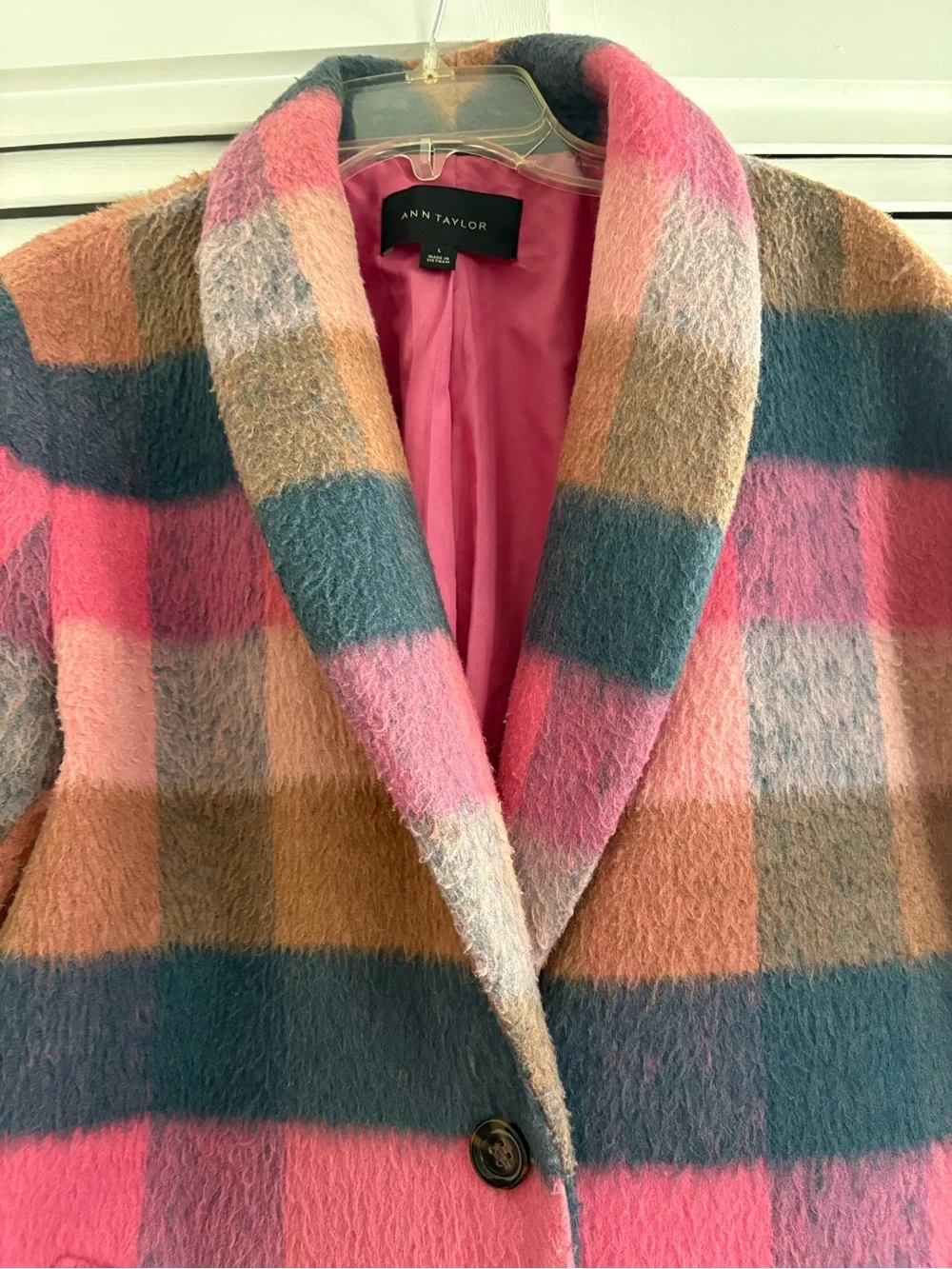 Ann Taylor Plaid Wool Blend Boucle Cocoon Coat- Size Large